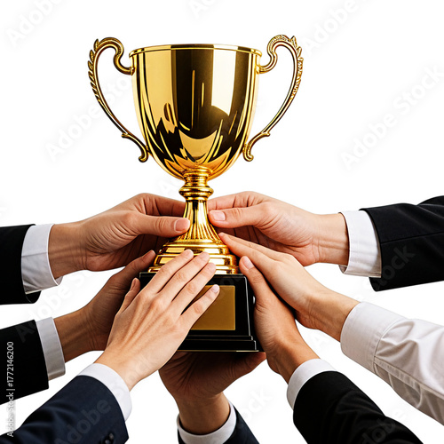 Team holding a golden trophy celebrating victory and success isolated on transparent background