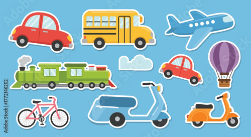 A colorful vector collection of cute transportation stickers featuring various vehicles for kids and travel concepts