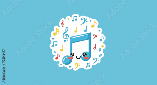 Adorable kawaii musical note character with a happy face surrounded by a cheerful melody of colorful song symbols