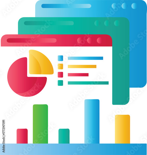 Web browser windows with pie chart and bar graphs vector illustration