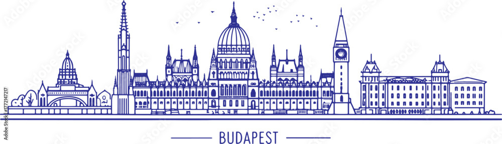 Fototapeta premium Budapest Skyline Sketch with Cultural Touch and Famous Landmarks like Parliament, Chain Bridge, and Buda Castle – Artistic Illustration for Tourism, Print, and Poster Use