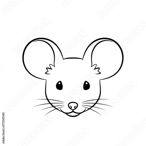 Cute Cartoon Mouse or Rat Head Outline. Simple Line Art Drawing of a Small Rodent Face. Minimalist Black and White Vector Icon.