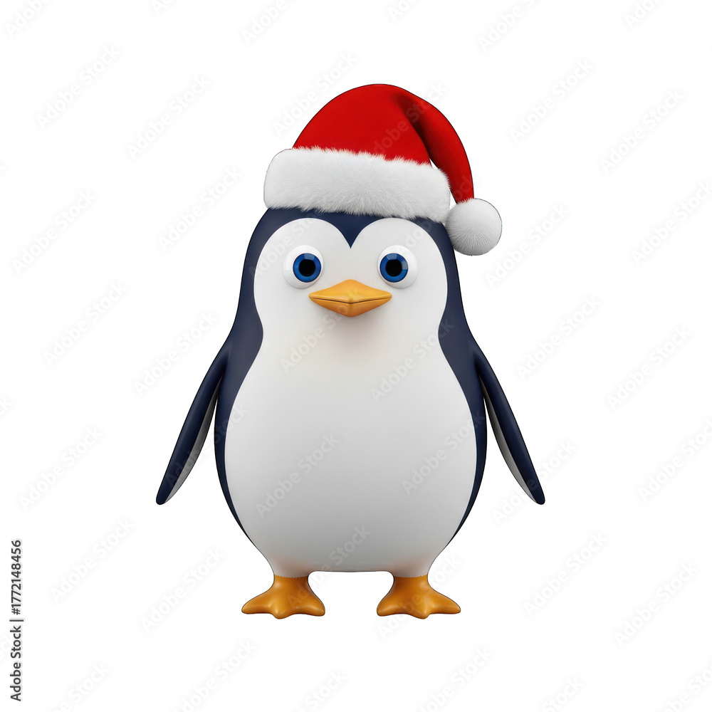 Fototapeta premium Cute penguin wearing a santa hat standing against a for christmas on white background