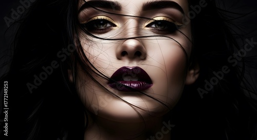 Intense Gaze: Dark Glamour Makeup and Gold Eyeliner