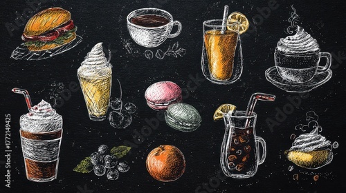 Colorful Assorted Beverages and Desserts Drawn on Chalkboard