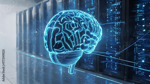 Futuristic glowing blue digital brain floats in a high-tech server room, symbolizing AI and data processing in a sleek, cutting-edge environment with dynamic electric energy flows.