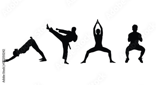 Silhouettes demonstrating various yoga and martial arts inspired poses
