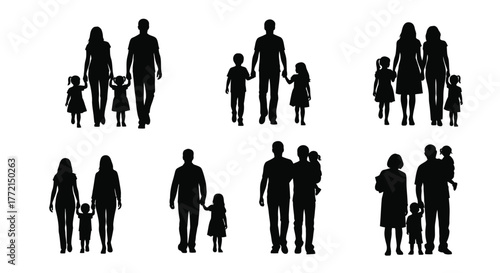 Silhouettes of diverse families walking together representing unity and connection