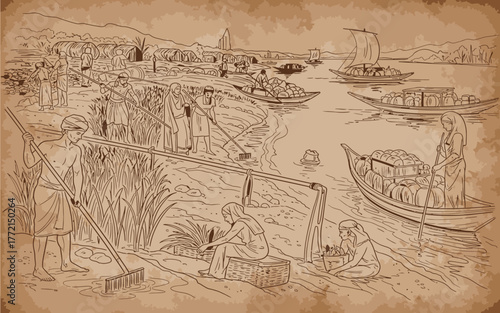 Ancient Egyptian river scene depicting daily life, agriculture, and river transport with a shadoof and boats on the Nile.