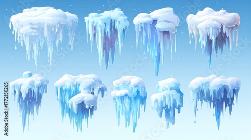 Collection of Iceberg Ice Formations in Blue Sky Winter Scene