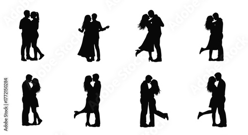 Silhouettes of couples embracing and dancing a romantic black and white pattern