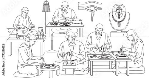 Black and white line drawing depicting multiple artisans meticulously crafting jewelry and decorative items in a traditional workshop setting.