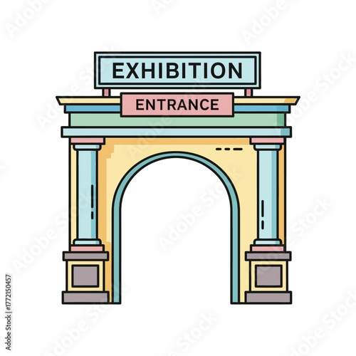 Colorful cartoon illustration of an exhibition entrance archway with classical columns and signs.