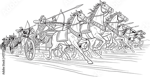 A dynamic black and white line art illustration showing ancient warriors in a chariot charge. The main chariot, pulled by four galloping horses, carries a driver, an archer drawing his bow, and a spea