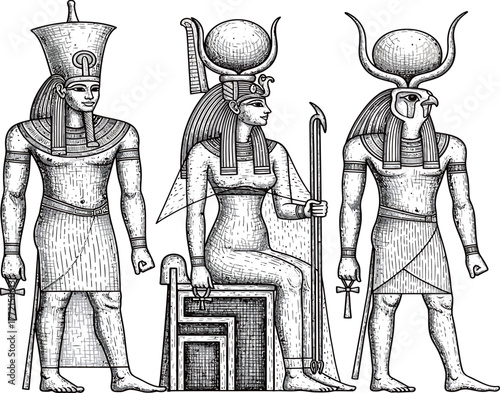 Ancient Egyptian deities and pharaoh in traditional attire, depicted in black and white line art style.