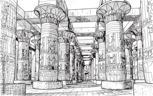 Detailed line drawing of an ancient Egyptian temple hall with numerous hieroglyph-covered columns.