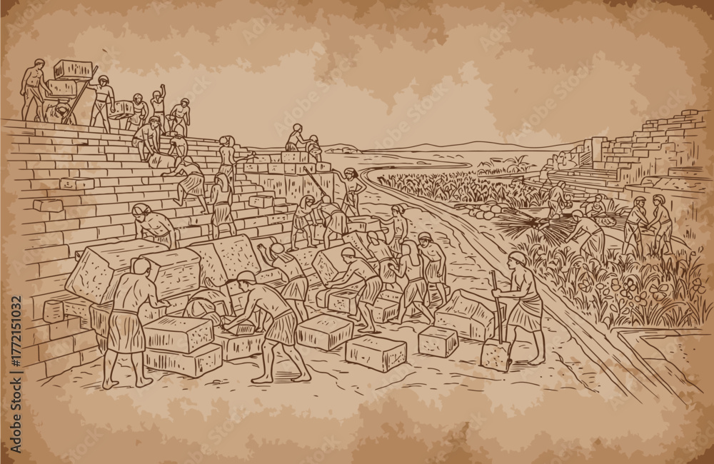 Obraz premium Ancient construction scene depicting numerous workers building a large stone wall or fortification.