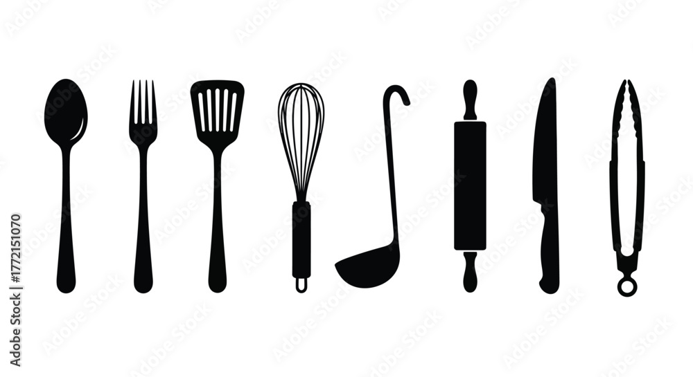 Fototapeta premium Black silhouette illustration featuring various cooking utensils arranged in a row