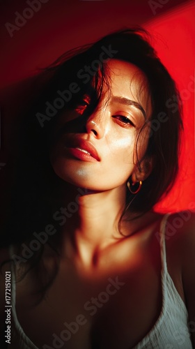 Wallpaper Mural Dramatic Portrait of a Woman in Red Light with Intense Expression and Shadow Play Torontodigital.ca