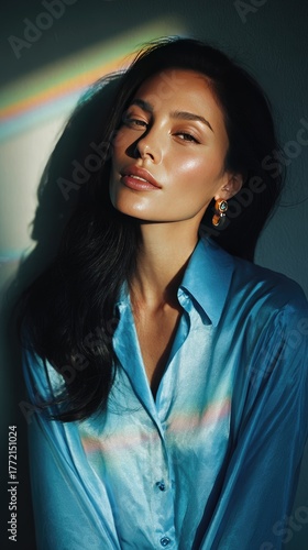 Wallpaper Mural Portrait of a Woman in Blue Shirt with Rainbow Light Torontodigital.ca