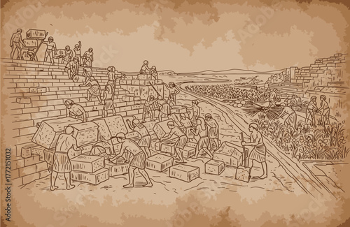 Ancient construction scene depicting numerous workers building a large stone wall or fortification.