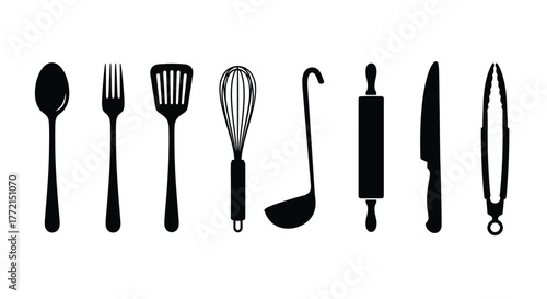 Black silhouette illustration featuring various cooking utensils arranged in a row