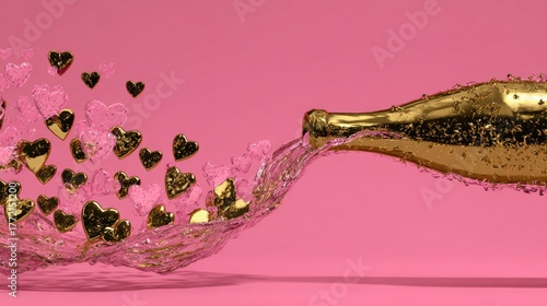 Wallpaper Mural Sparkling Champagne Bottle Pouring Golden Hearts Against Pink Background Torontodigital.ca