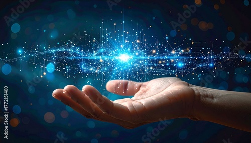 Digitized data emanating from an open human hand, radiating energy
