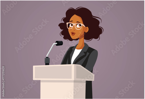 
Spokeswoman Taking a Stand in a Press Conference Vector Illustration. Professional orator speaking in public professionally 