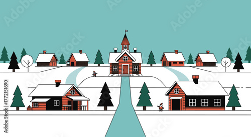 Charming Christmas Village Winter Scene Illustration