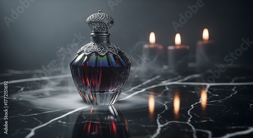 Enchanted Potion: Ornate Bottle on Marble with Smoke