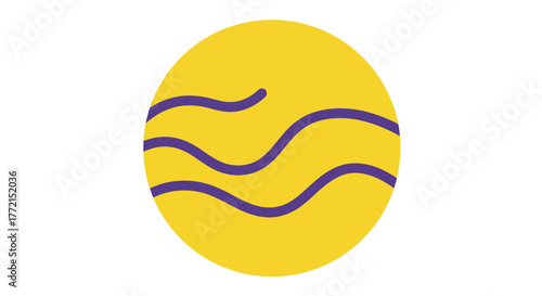 Abstract yellow circle with purple wavy lines.