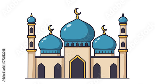 Beautiful Mosque Illustration with Blue Domes and Crescent Moons.