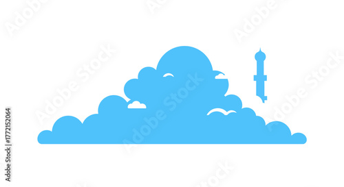 Blue cloud silhouette with a minaret, representing weather and faith.