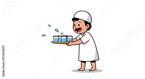 Boy Serving Water - A Cartoon Illustration of Generosity.