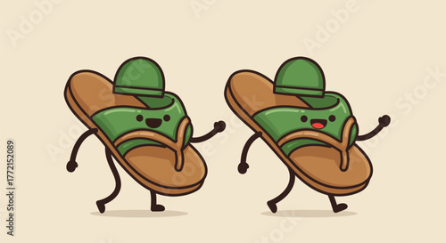 Cartoon Flip Flops Characters Walking Together Illustration.