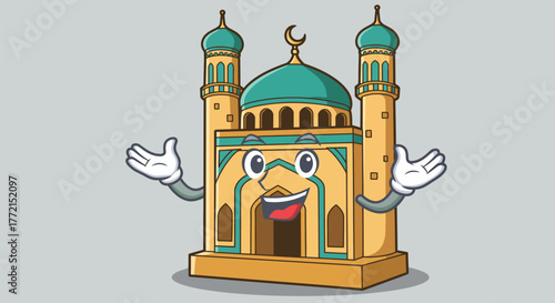 Cartoon Mosque with Welcoming Arms and Smiling Face.