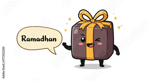 Cute cartoon gift box character with Ramadhan speech bubble illustration.