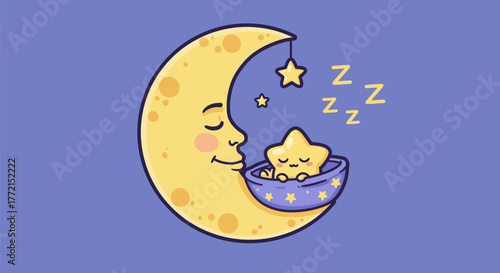 Cute Cartoon Moon and Star Sleeping Peacefully.