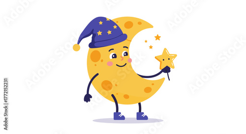 Cute Cartoon Moon Character with Sleeping Cap and Star Wand.