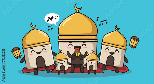 Cute cartoon mosque characters singing together with musical notes.