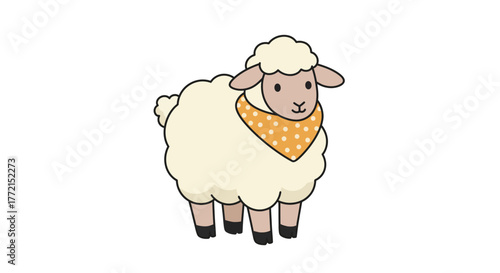 Cute Cartoon Sheep with Orange Bandana Standing.