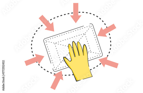 汚物の処理作業で外側から内側に向かって雑巾で拭き掃除をしている手元のイラスト