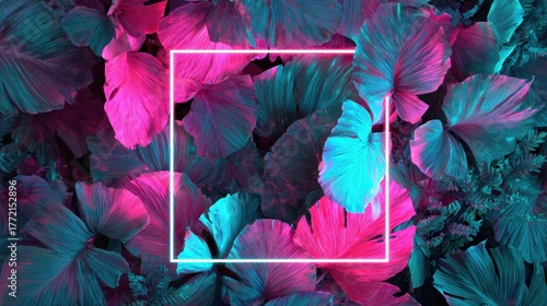 Neon Pink and Blue Tropical Leaves Wall Art Decor with Geometric Frame