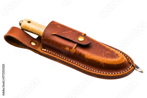 Vintage hunting knife with bone handle in a worn leather sheath isolated on transparent background