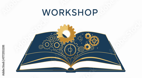 Inspiring workshop invitation with gears and open book illustration for creative learning and collaborative innovation