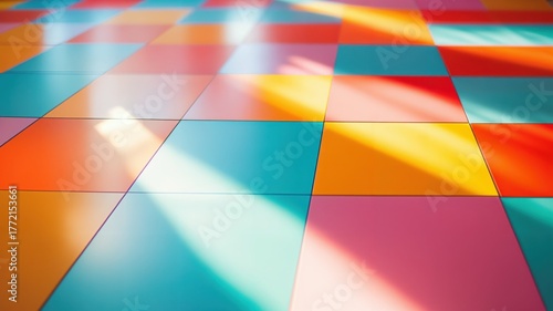Colorful checkerboard tile floor bathed in sunlight, vibrant and cheerful pattern