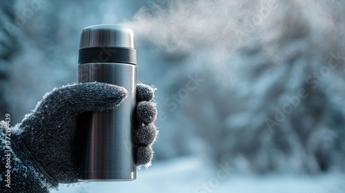 Hand holding thermos mug steaming in winter snow