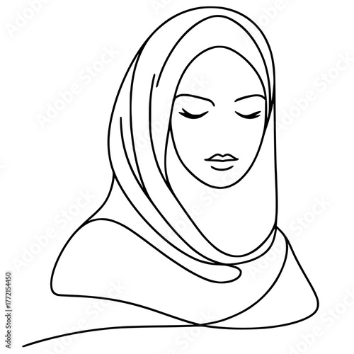 One line silhouette of a Muslim woman portrait