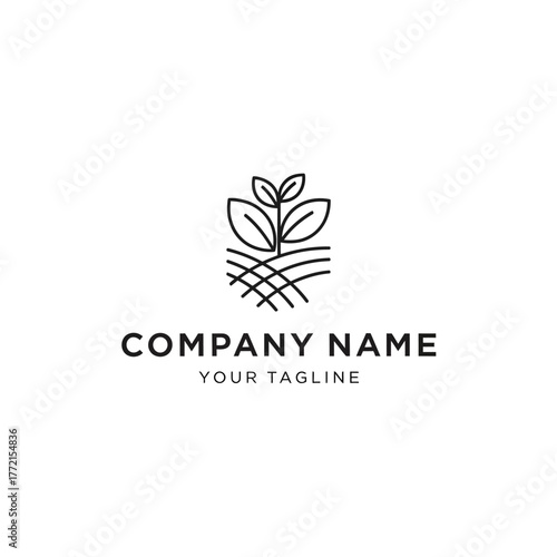 A minimalist line art logo featuring a sprouting plant growing from cultivated soil.